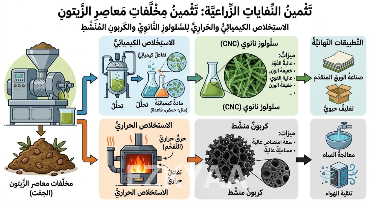 تثمين النفايات الزراعية: الاستخلاص الكيميائي والحراري للسلولوز النانوي والكربون المنشط من مخلّفات معاصر الزيتون